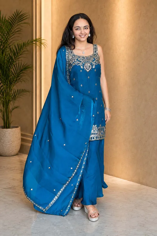 Stylish_Satin_Short_Kurta_Flared_Palazzo_Set_Royalblue