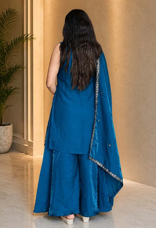 Stylish_Satin_Short_Kurta_Flared_Palazzo_Set_Royalblue