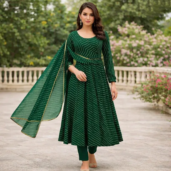 Green_Georgette_Leheriya_Print_Flared_Anarkali_Suit_Set_For_Women