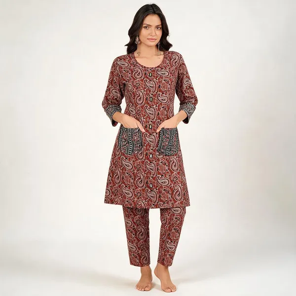 Maroon_Cotton_Printed_Straight_Kurta_Pant_Set_For_Women