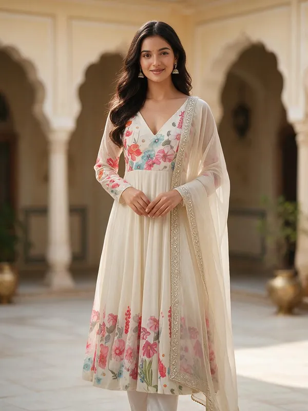 Cream_Organza_Silk_Floral_Flared_Anarkali_Suit_Set_For_Women