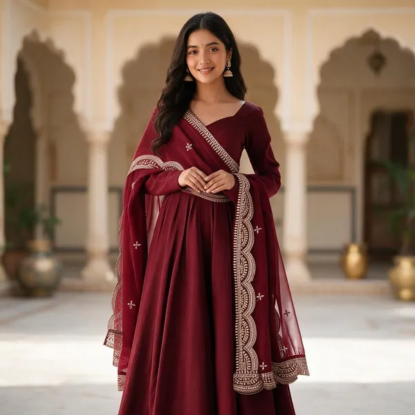 Maroon_Roman_Chanderi_Flared_Anarkali_Gown_Set_For_Women