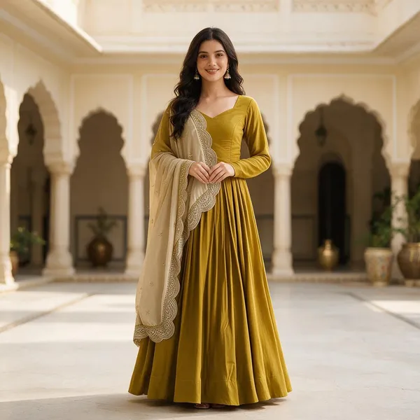 Yellow_Roman__Chanderi_Fully_Flared_Anarkali_Gown_Set_For_Women