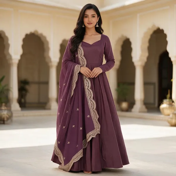 Purple_Roman_Chanderi_Flared_Anarkali_Gown_Set_With_Embroidered_Dupatta_For_Women