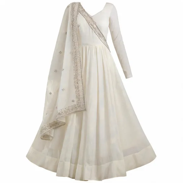 White_Roman_Chanderi_Flared_Anarkali_Gown_Set_With_Embroidered_Dupatta_For_Women