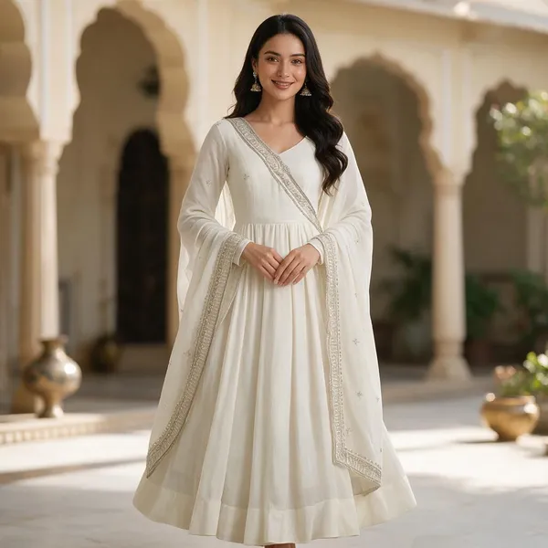White_Roman_Chanderi_Flared_Anarkali_Gown_Set_With_Embroidered_Dupatta_For_Women