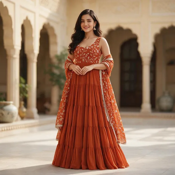 Orange_Georgette_Sleeveless_Embroidered_Anarkali_Gown_Set_For_Women