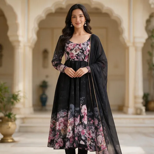 Black_Organza_Silk_Floral_Flared_Anarkali_Set_With_Dupatta_For_Women