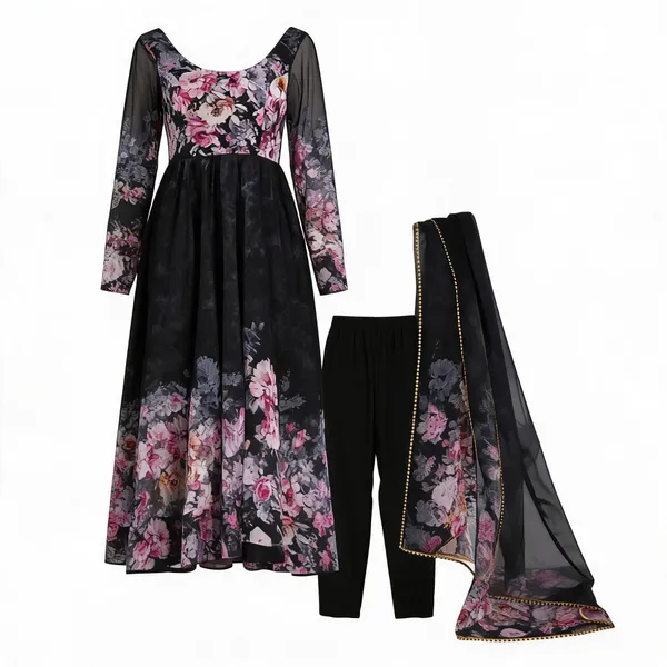 Black_Organza_Silk_Floral_Flared_Anarkali_Set_With_Dupatta_For_Women