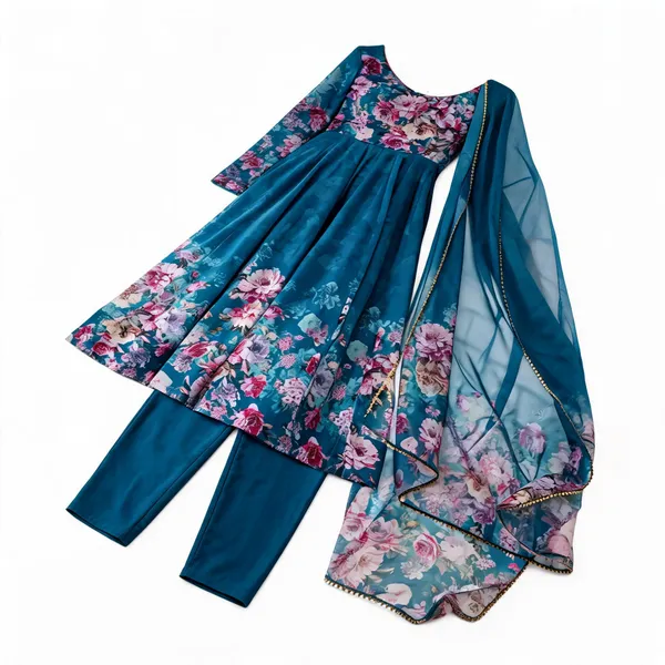Teal_Organza_Silk_Floral_Flared_Anarkali_Set_With_Dupatta_For_Women