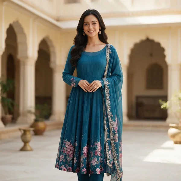 Teal_Organza_Silk_Floral_Flared_Anarkali_Set_With_Dupatta_For_Women