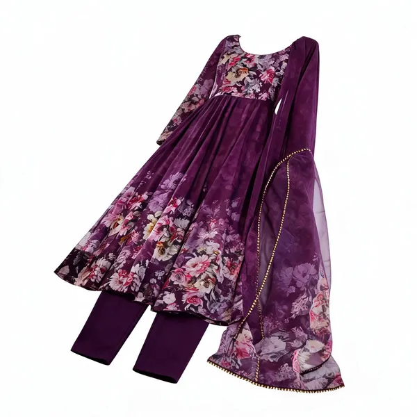 Wine_Organza_Silk_Floral_Flared_Anarkali_Set_With_Dupatta_For_Women
