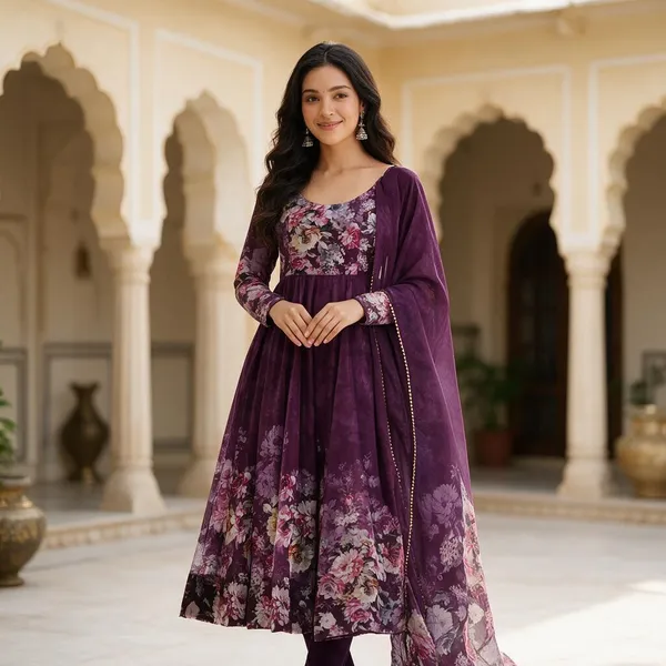 Wine_Organza_Silk_Floral_Flared_Anarkali_Set_With_Dupatta_For_Women