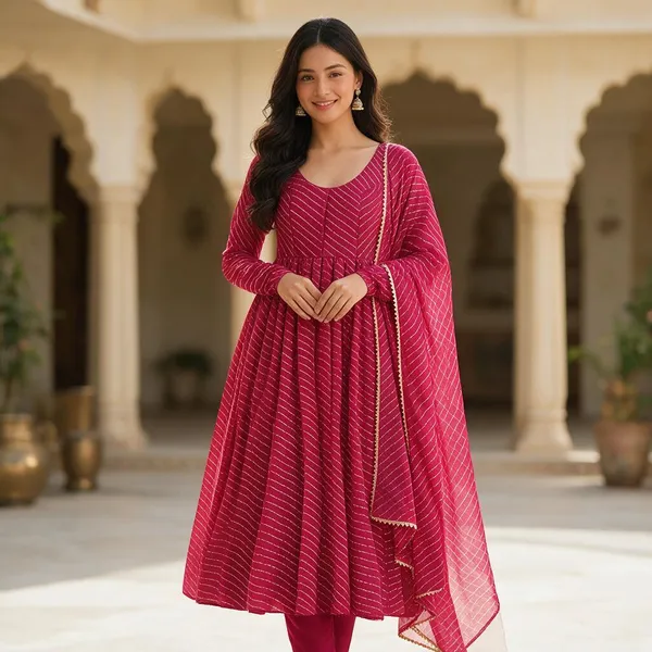 Pink_Georgette_Leheriya_Print_Flared_Anarkali_Suit_Set_For_Women