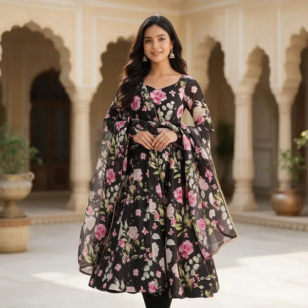 Black_Organza_Silk_Floral_Print_Flared_Anarkali_Set_For_Women