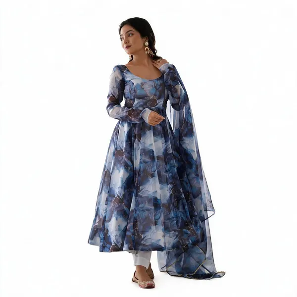 Blue_Organza_Silk_Marble_Print_Flared_Anarkali_Set_For_Women