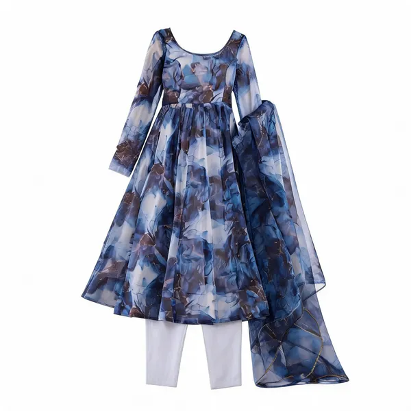 Blue_Organza_Silk_Marble_Print_Flared_Anarkali_Set_For_Women