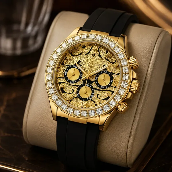 Gold_Tone_Fibre_Belt_Skeleton_Chronograph_Watch_For_Men