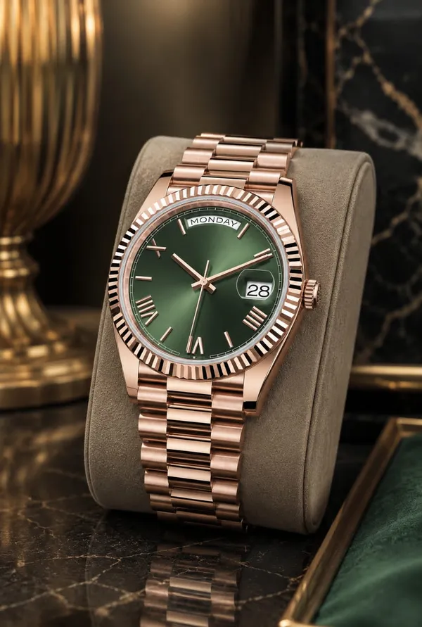 Rose_Gold_Stainless_Steel_Green_Dial_Day_Date_Watch_For_Men
