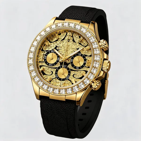Gold_Tone_Fibre_Belt_Skeleton_Chronograph_Watch_For_Men