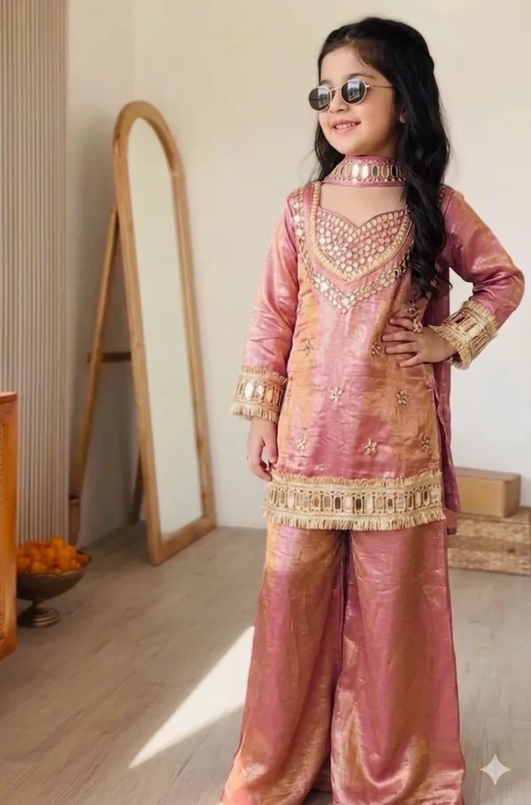 Girl's_ORANGE_AND_PINK_Silk_REAL_Mirror_Embroidered_4_piss_CHOLI_AND__Kurta_Palazzo_With_Dupatta_Set