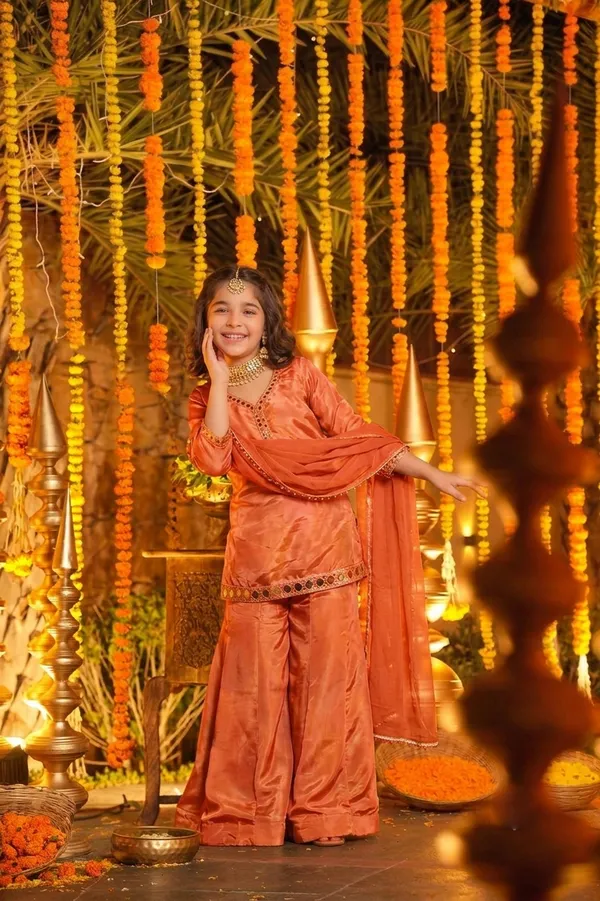 Girl's_ORANGE_AND_green__Silk_printed_REAL_Mirror_Embroidered_3_piss___Kurta_and_Palazzo_With_Dupatta_Set