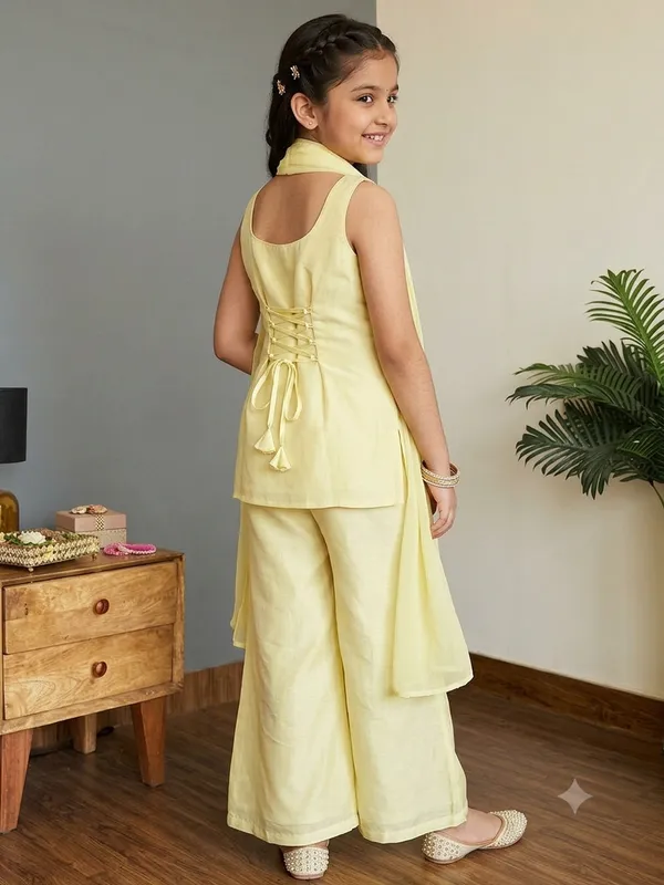 kids_girl_yellow_Georgette_Thread_Zari_Sequence_Cording_Embroidered_Top_With_Palazzo_and_dupatta_Fusion_Set|Ethnic_Wear