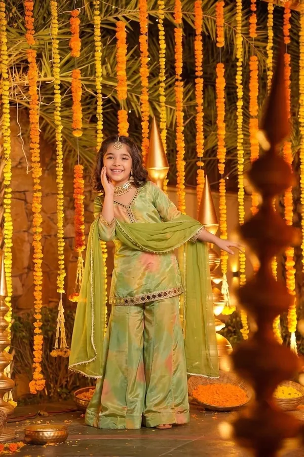 Girl's_ORANGE_AND_green__Silk_printed_REAL_Mirror_Embroidered_3_piss___Kurta_and_Palazzo_With_Dupatta_Set