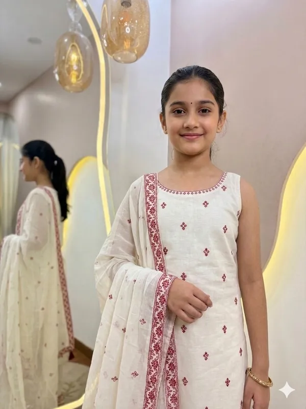 Kids_GIRL_Wear_Attarctive_SLEEV_LESS_RED_STICH_EMBRODERD_3_Pis_Kurta_AND_PET_WITH_DUPTTA_Set
