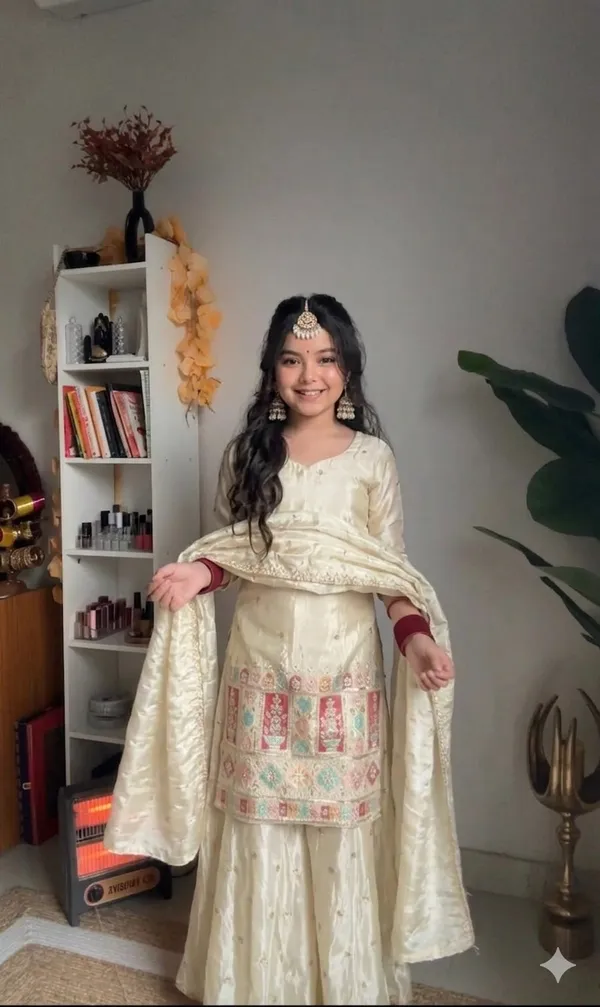 Girl's_cream_Silk_multti_color_Embroidered_3_piss___Kurta_Palazzo_With_Dupatta_Set