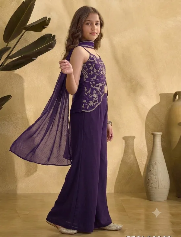 kids_girl__Georgette_Thread_Zari_Sequence_Cording_Embroidered_Top_With_Palazzo_and_Supatta_Fusion_Set|Ethnic_Wear