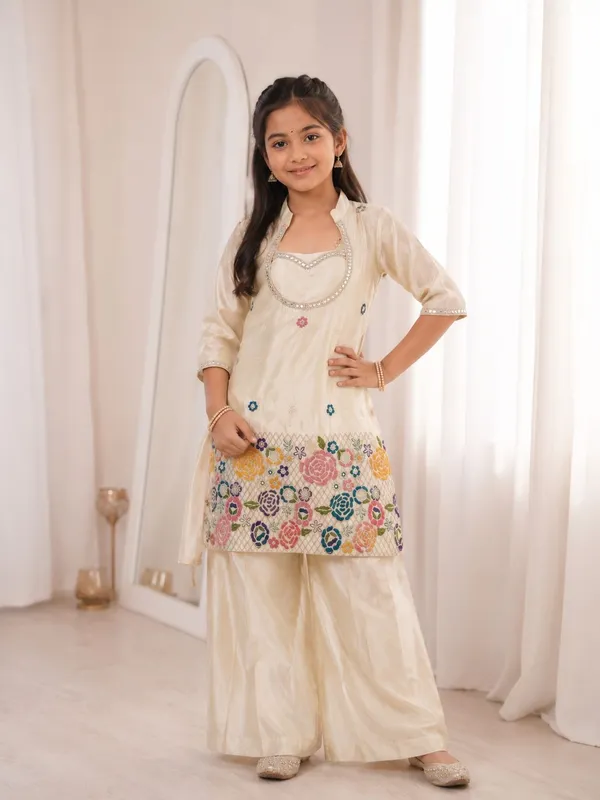 Girl's_cream_Silk_multti_color_Embroidered_bids_work_2_piss___Kurta_and_Palazzo__Set