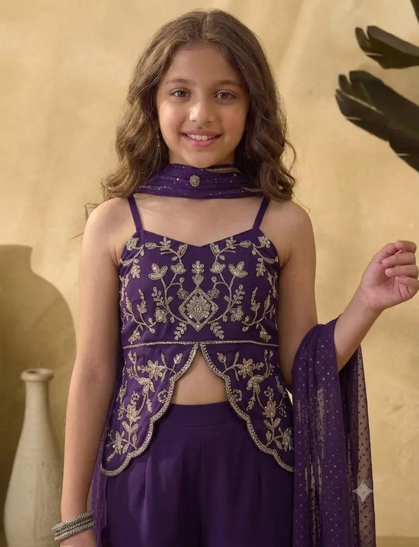 kids_girl__Georgette_Thread_Zari_Sequence_Cording_Embroidered_Top_With_Palazzo_and_Supatta_Fusion_Set|Ethnic_Wear