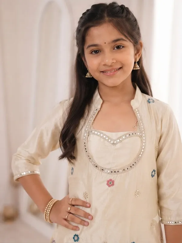 Girl's_cream_Silk_multti_color_Embroidered_bids_work_2_piss___Kurta_and_Palazzo__Set