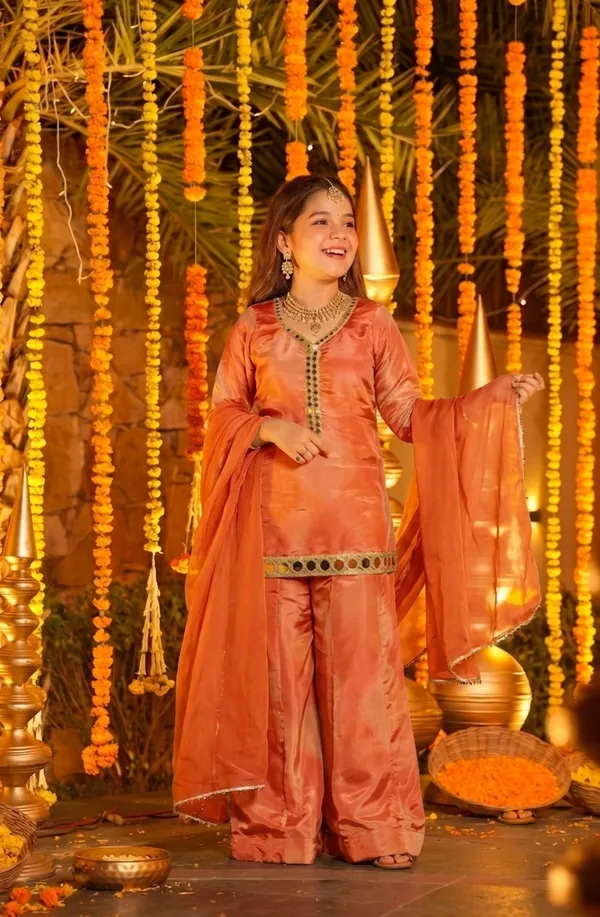 Girl's_ORANGE_AND_green__Silk_printed_REAL_Mirror_Embroidered_3_piss___Kurta_and_Palazzo_With_Dupatta_Set