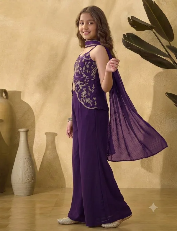 kids_girl__Georgette_Thread_Zari_Sequence_Cording_Embroidered_Top_With_Palazzo_and_Supatta_Fusion_Set|Ethnic_Wear