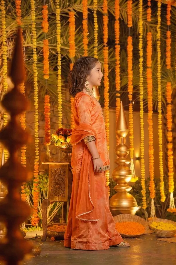 Girl's_ORANGE_AND_green__Silk_printed_REAL_Mirror_Embroidered_3_piss___Kurta_and_Palazzo_With_Dupatta_Set