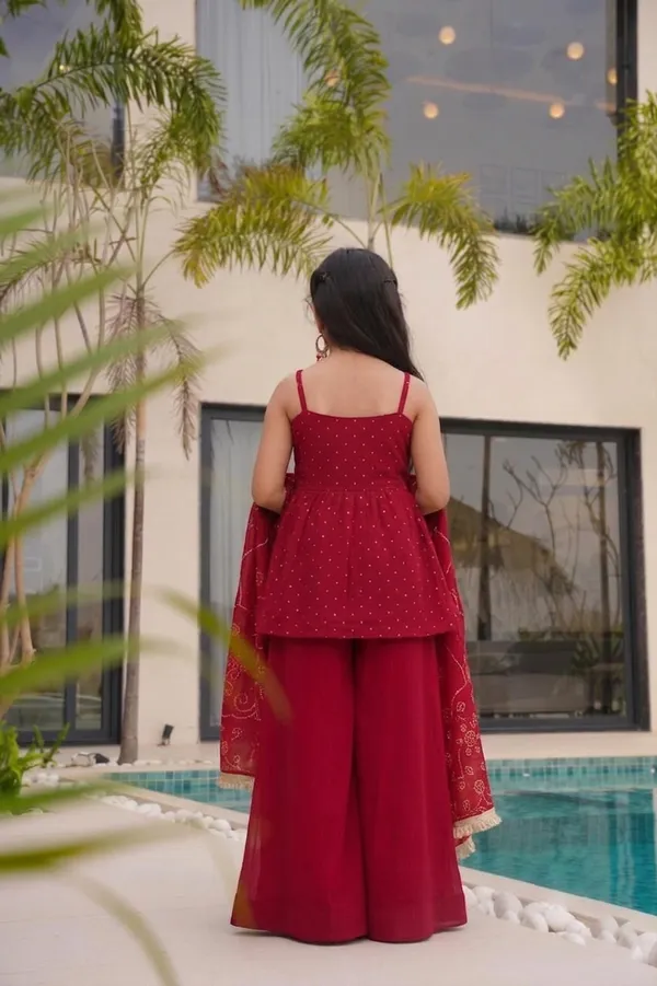 kids_girl__red_silk_foil_print__Top__and_dupatta_with_plazo__Set|Ethnic_Wear