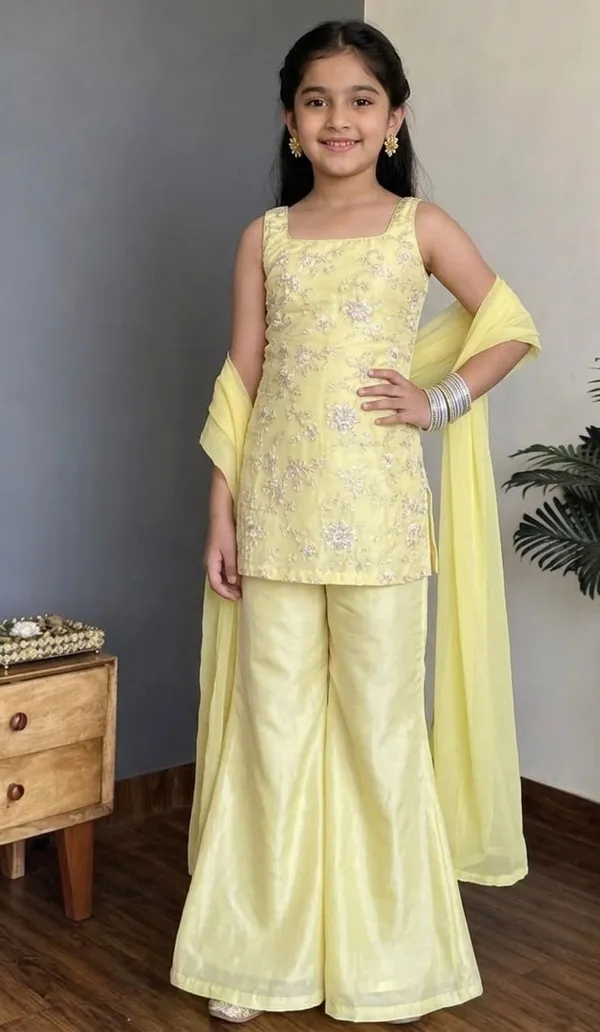 kids_girl_yellow_Georgette_Thread_Zari_Sequence_Cording_Embroidered_Top_With_Palazzo_and_dupatta_Fusion_Set|Ethnic_Wear