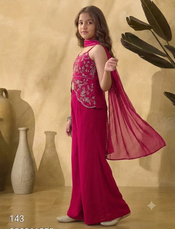 kids_girl__Georgette_Thread_Zari_Sequence_Cording_Embroidered_Top_With_Palazzo_and_Supatta_Fusion_Set|Ethnic_Wear