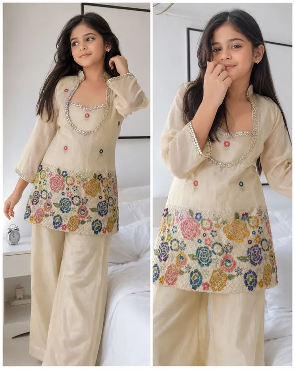 Girl's_cream_Silk_multti_color_Embroidered_bids_work_2_piss___Kurta_and_Palazzo__Set