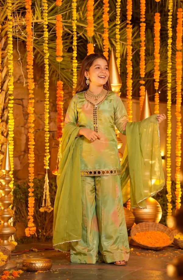 Girl's_ORANGE_AND_green__Silk_printed_REAL_Mirror_Embroidered_3_piss___Kurta_and_Palazzo_With_Dupatta_Set