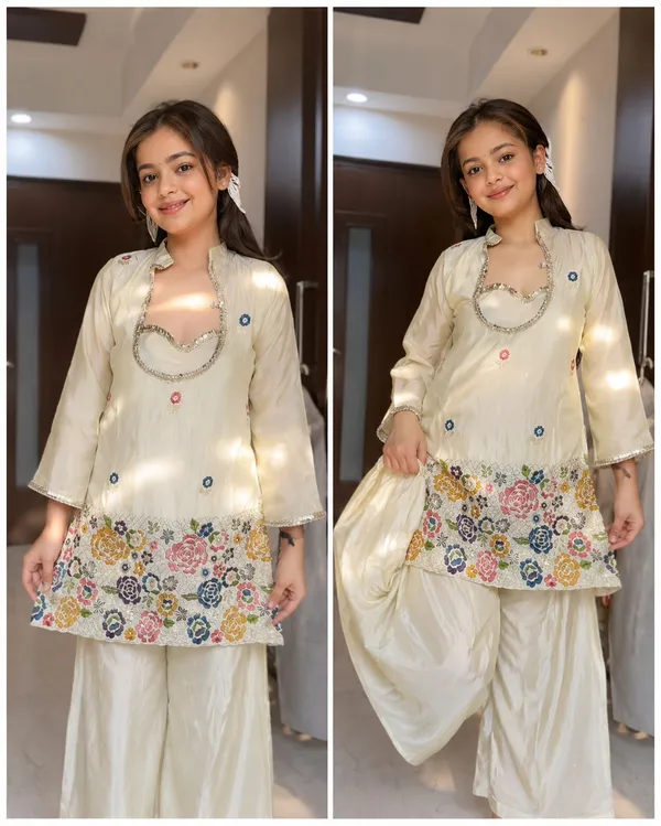 Girl's_cream_Silk_multti_color_Embroidered_bids_work_2_piss___Kurta_and_Palazzo__Set