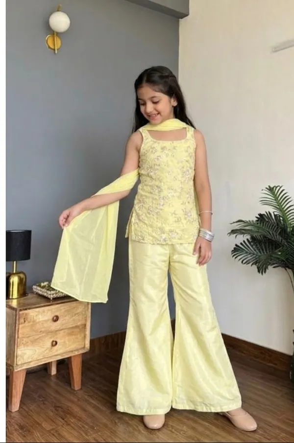 kids_girl_yellow_Georgette_Thread_Zari_Sequence_Cording_Embroidered_Top_With_Palazzo_and_dupatta_Fusion_Set|Ethnic_Wear