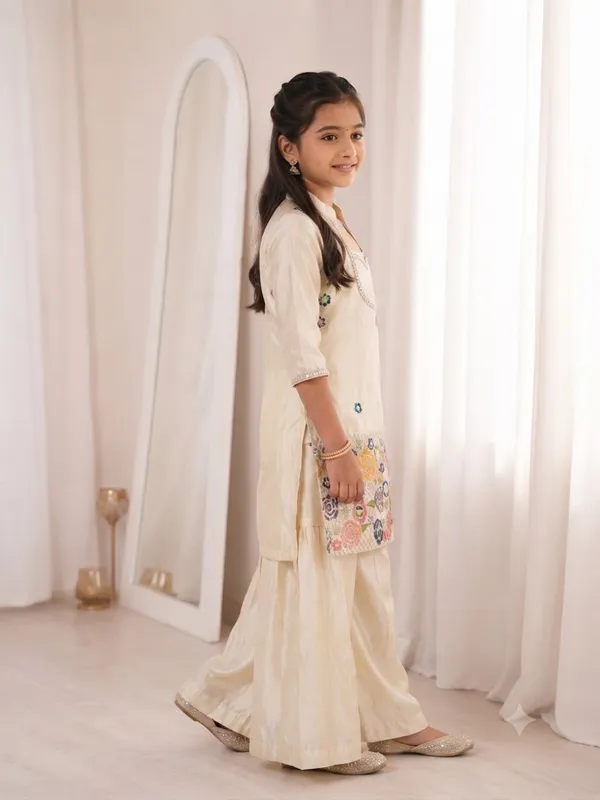 Girl's_cream_Silk_multti_color_Embroidered_bids_work_2_piss___Kurta_and_Palazzo__Set