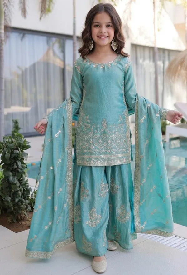 Kids_Wear_Attarctive_embrodered_3_Pis_Kurta_and_plazo_with_duptta_Set
