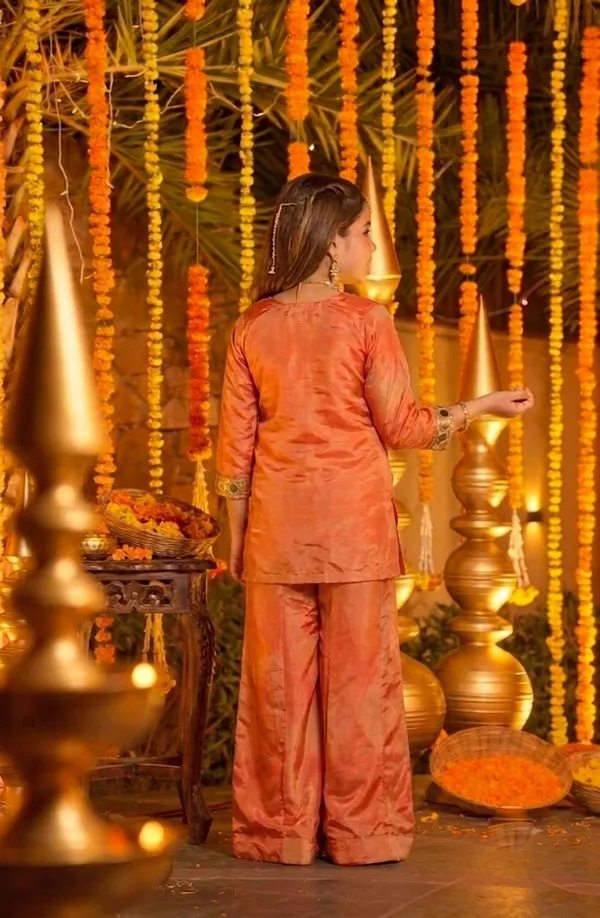 Girl's_ORANGE_AND_green__Silk_printed_REAL_Mirror_Embroidered_3_piss___Kurta_and_Palazzo_With_Dupatta_Set