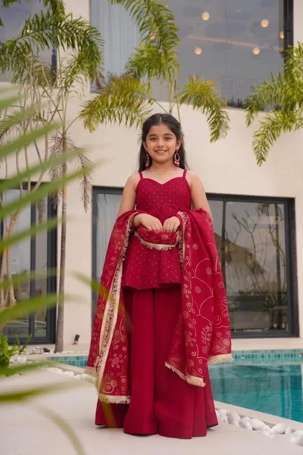 kids_girl__red_silk_foil_print__Top__and_dupatta_with_plazo__Set|Ethnic_Wear