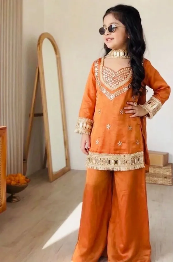 Girl's_ORANGE_AND_PINK_Silk_REAL_Mirror_Embroidered_4_piss_CHOLI_AND__Kurta_Palazzo_With_Dupatta_Set