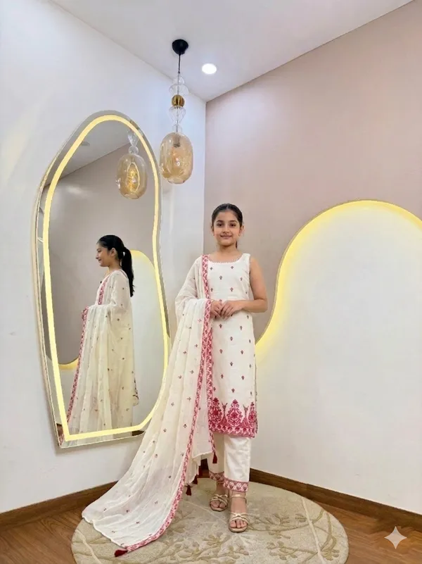 Kids_GIRL_Wear_Attarctive_SLEEV_LESS_RED_STICH_EMBRODERD_3_Pis_Kurta_AND_PET_WITH_DUPTTA_Set